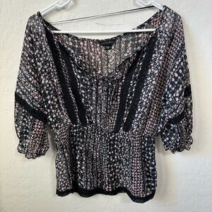 Guess Black and White Smocked Peplum Blouse